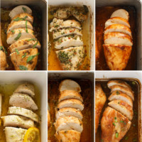 a series of photos showcasing baked chicken in a baking dish.
