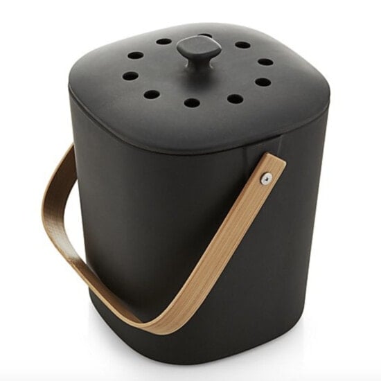 a black trash can with a wooden handle.