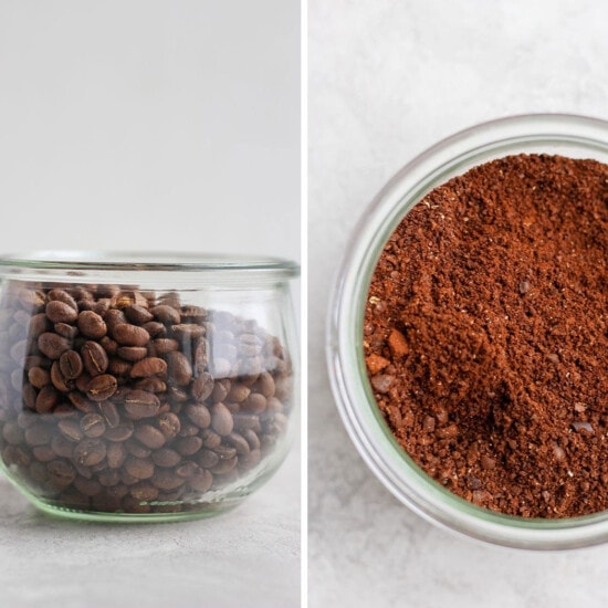 two pictures of coffee beans in a glass jar.