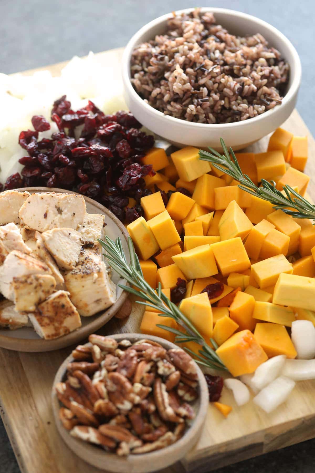 ingredients for butternut squash wild rice casserole ready to be mixed