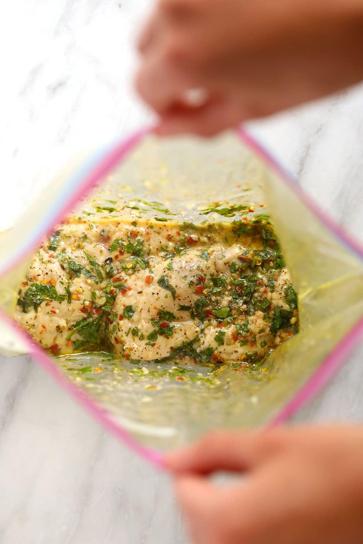 chicken marinating in plastic bag.