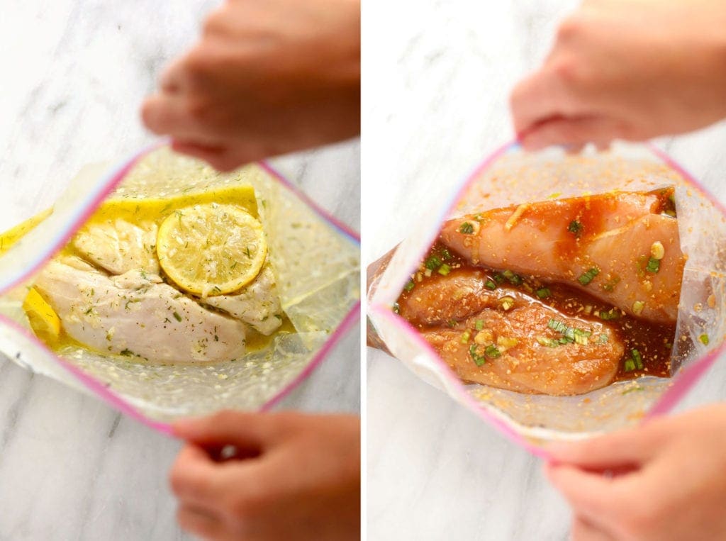 chicken breast marinading in a plastic bag.