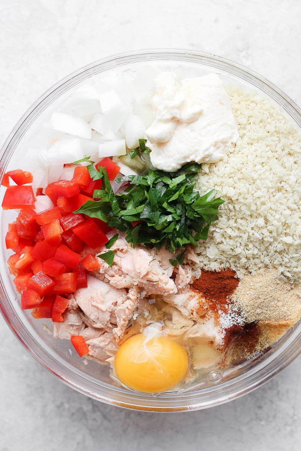 salmon patties ingredients in a bowl ready to be mixed