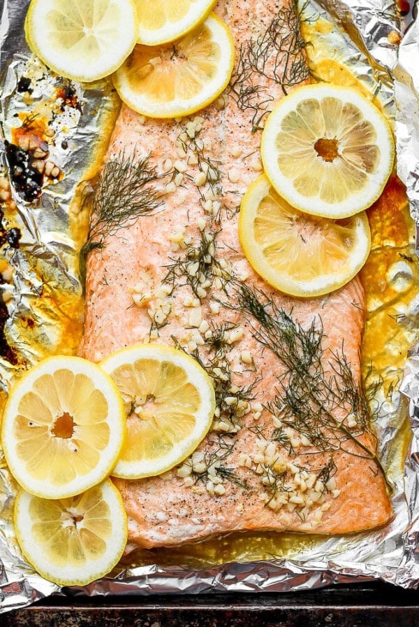 baked salmon in baking sheet