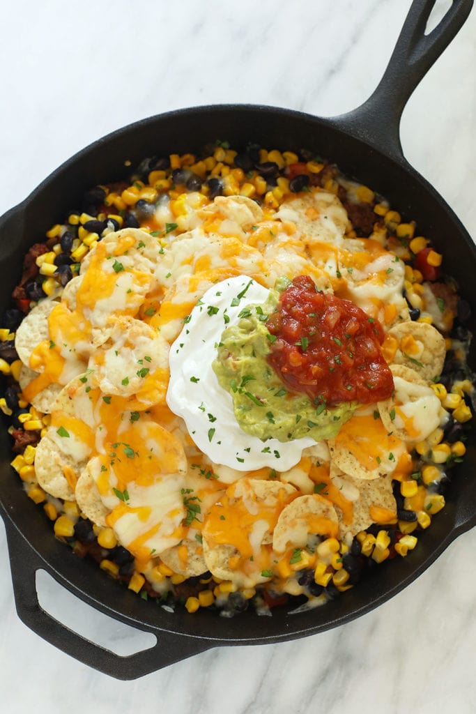 easy taco casserole in a cast iron skillet