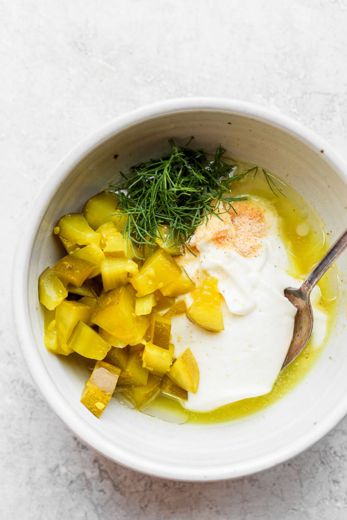 dill pickle ingredients in bowl unmixed