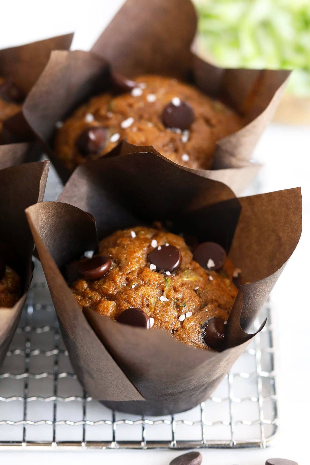 zucchini muffins with chocolate chips and sea salt on wire rack.