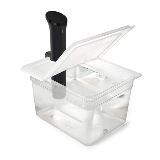 A plastic container with a lid and a black handle.