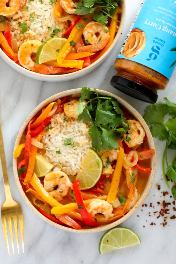 Two Panang Curry bowls with shrimp and vegetables.