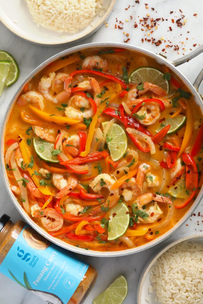 Shrimp panang curry in a pan ready to eat!
