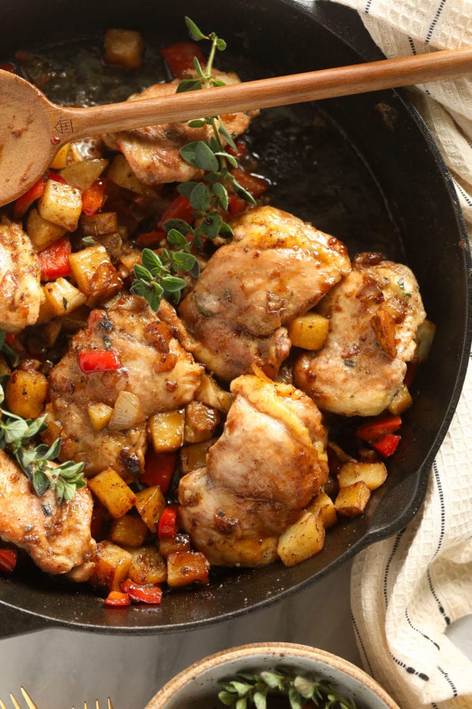skillet chicken and potatoes looking so delicious in a cast iron skillet