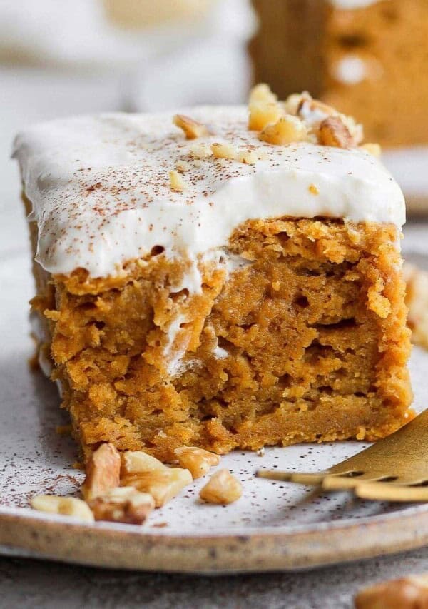 slice of pumpkin sheet cake on a plate