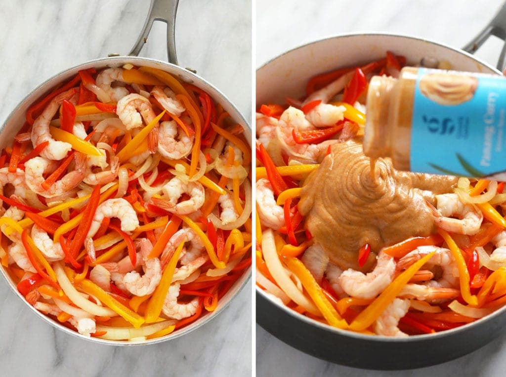 Cooking vegetables in a pan and then pouring simmer sauce in the pan 