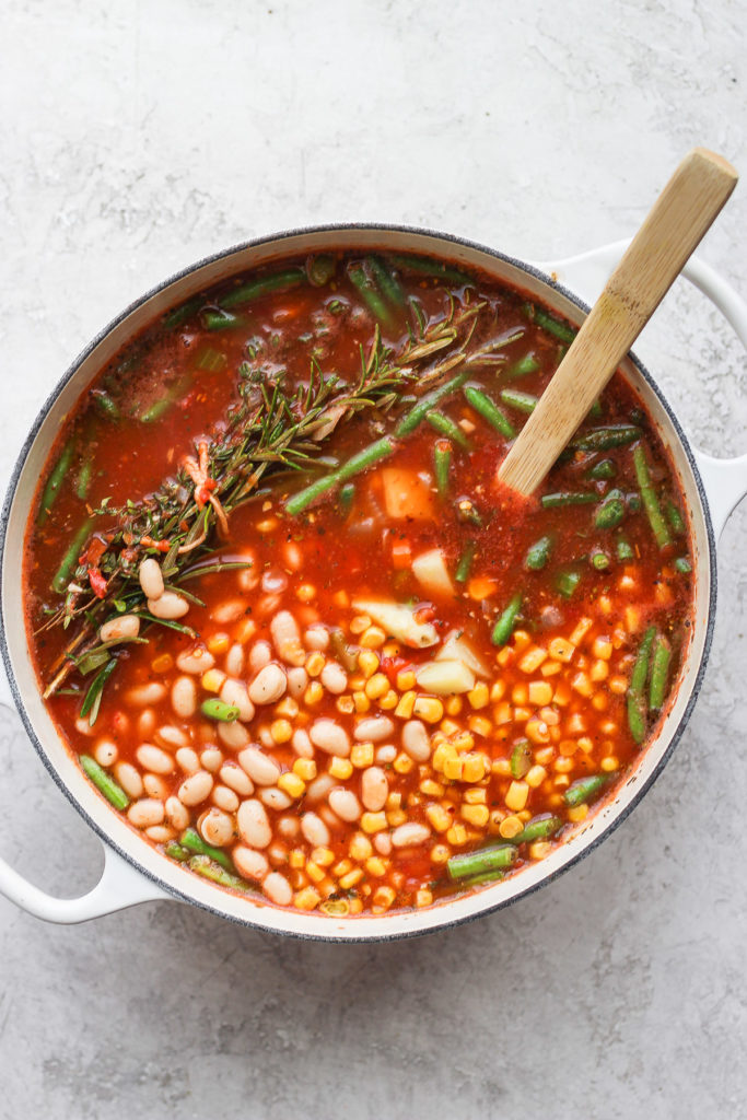 Vegetable soup ready to eat in a Dutch oven. 