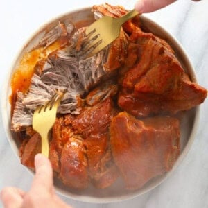 A person holding a fork over a bowl of pulled pork.