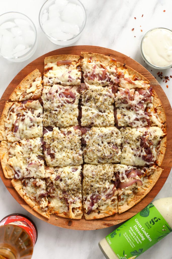 bbq chicken pizza sliced into squares