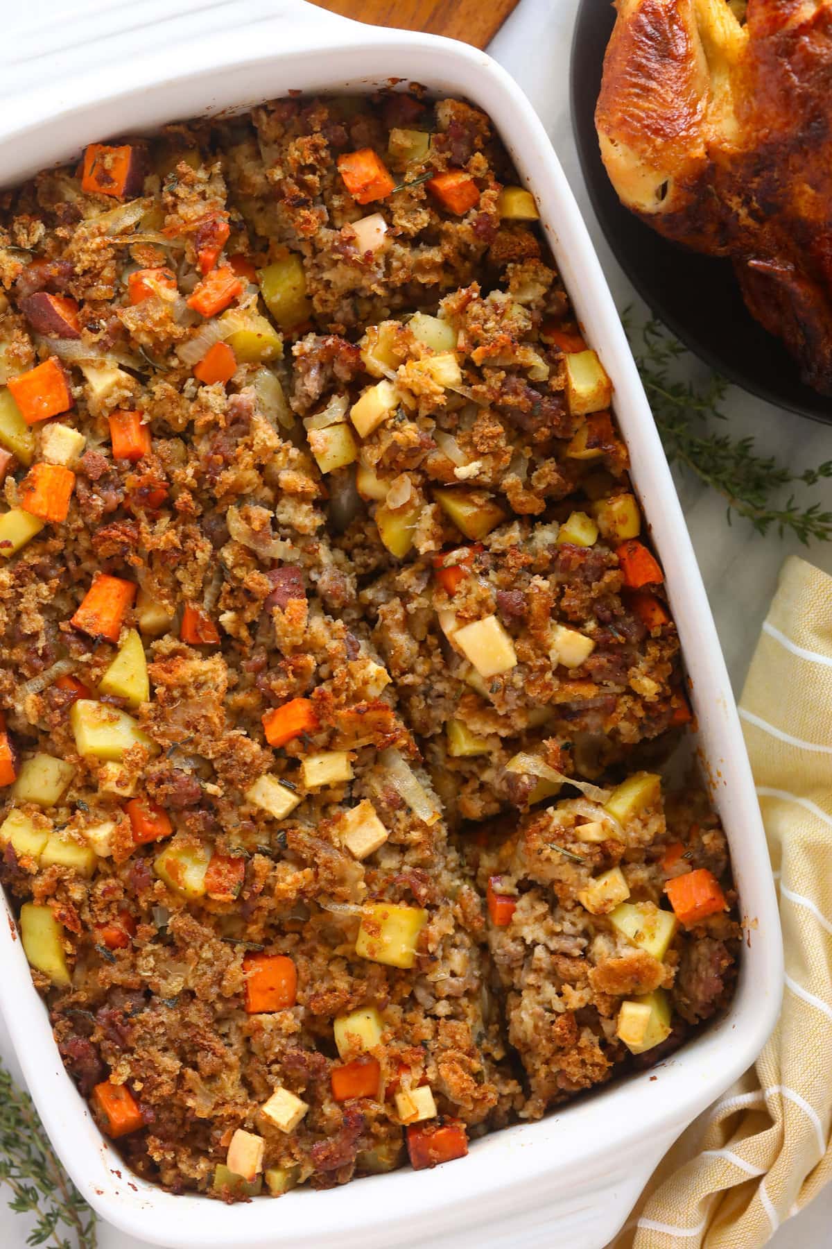 sausage stuffing in a casserole dish