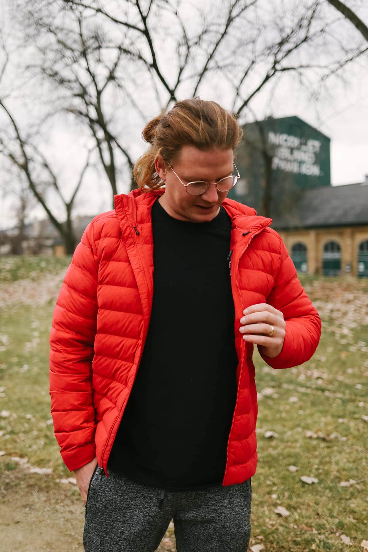 Man wearing a lululemon puffy jacket.