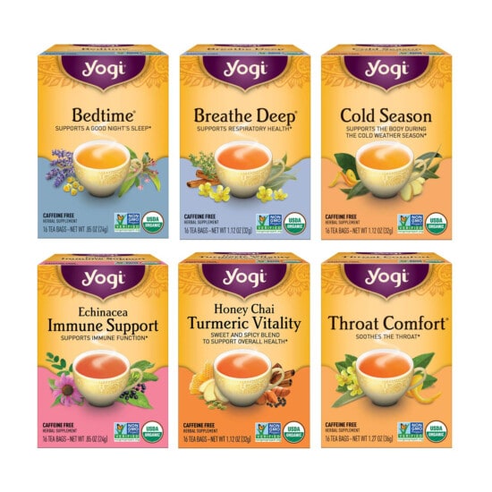 yogi tea boxes with different flavors of tea.