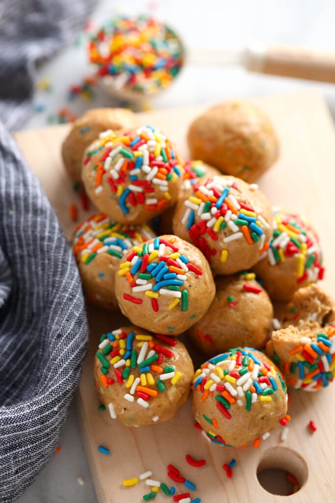 cake batter protein balls with rainbow sprinkles
