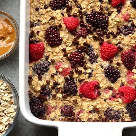 A berry and oatmeal bake topped with peanut butter.