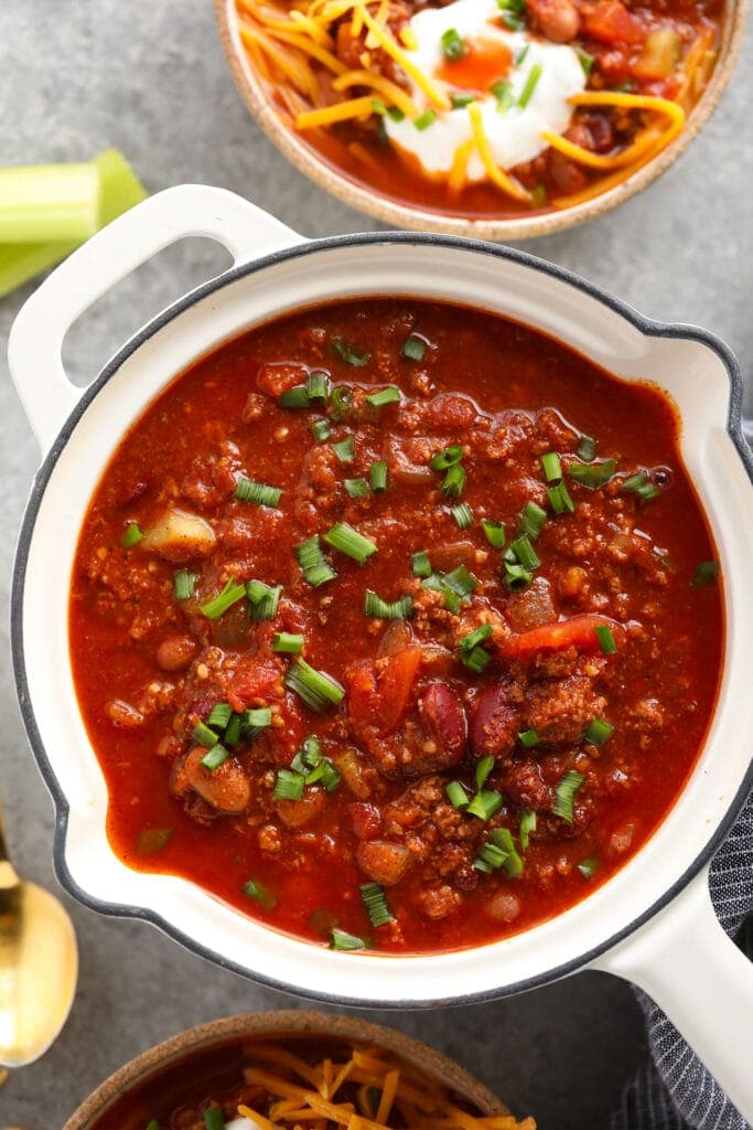 Turkey chili in a pot, ready to be served.