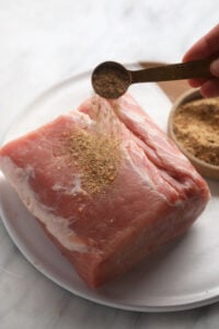 a person is sprinkling seasoning on a slow cooker pork loin.