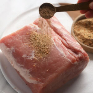 a person is sprinkling seasoning on a slow cooker pork loin.