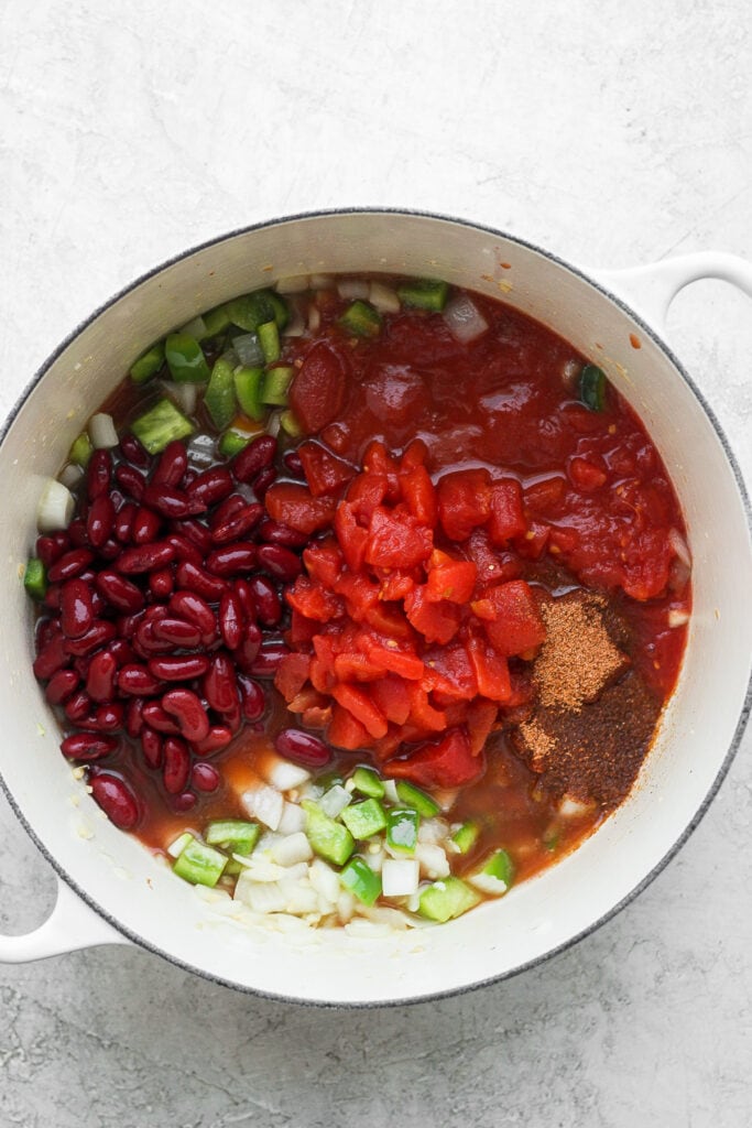 red beans and rice ingredients in a stock pot