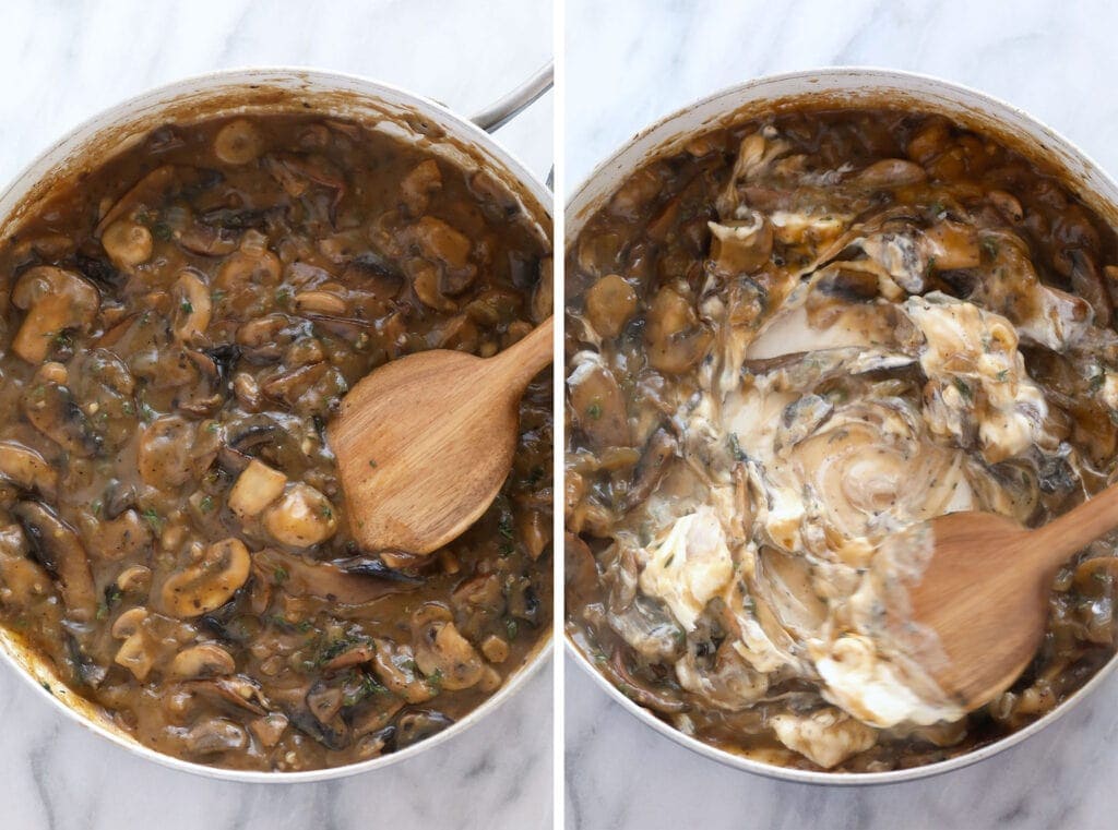 Stirring Greek yogurt into mushroom stroganoff sauce. 