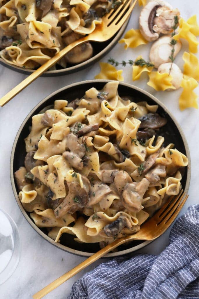 Mushroom stroganoff on a plate.