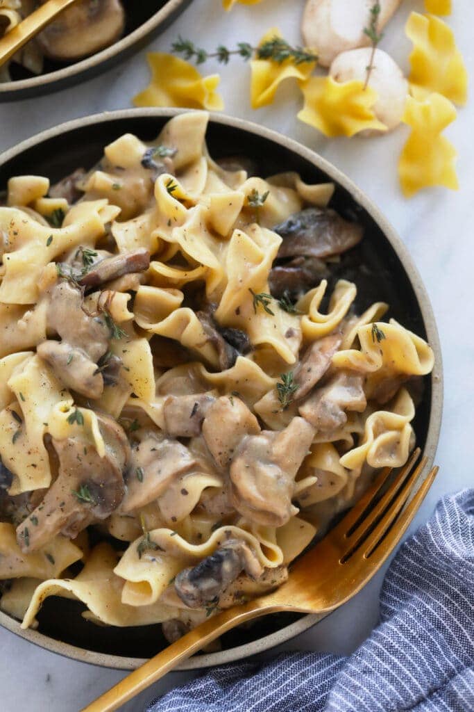 Mushroom stroganoff on a plate.
