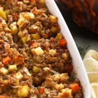 sausage stuffing in a casserole dish