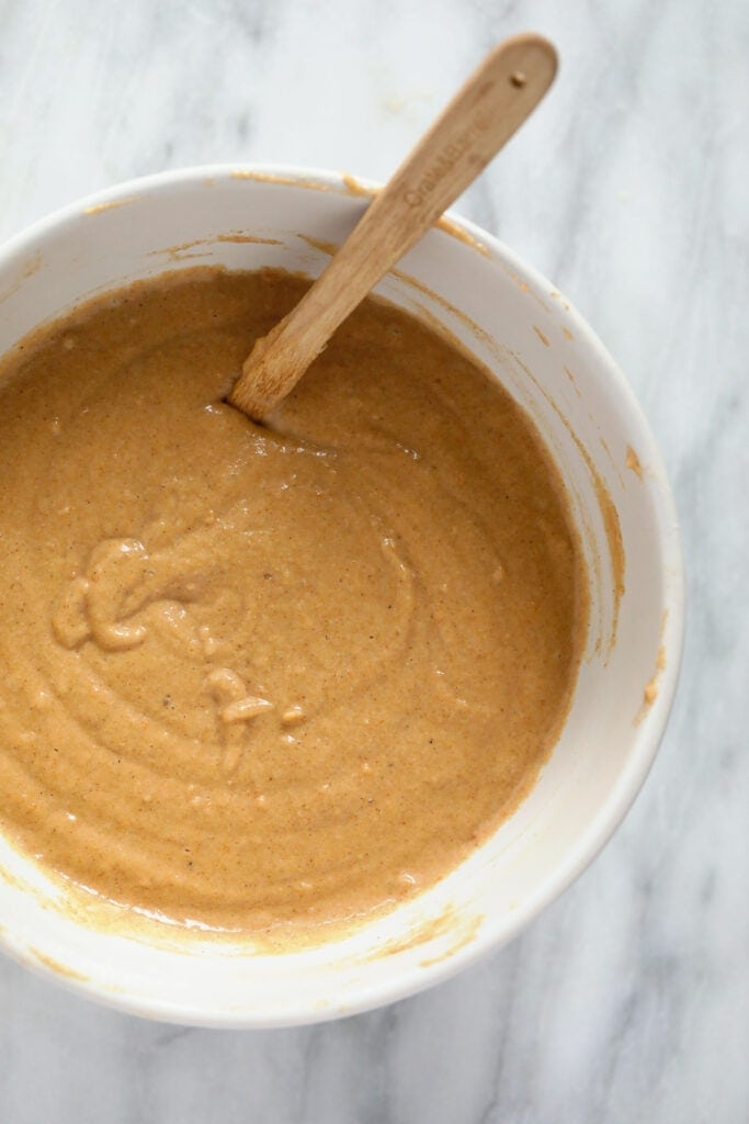 Sweet potato pancake batter in a bowl. 