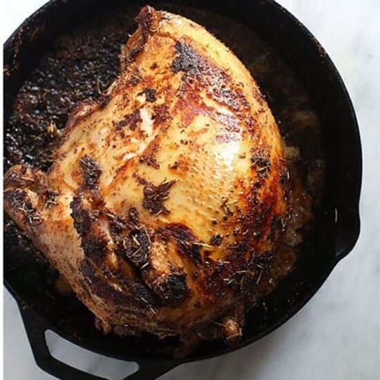 Sous Vide turkey cooked in a cast iron skillet.