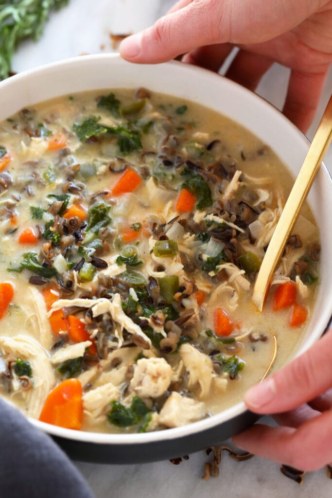Chicken wild rice soup in a bowl.