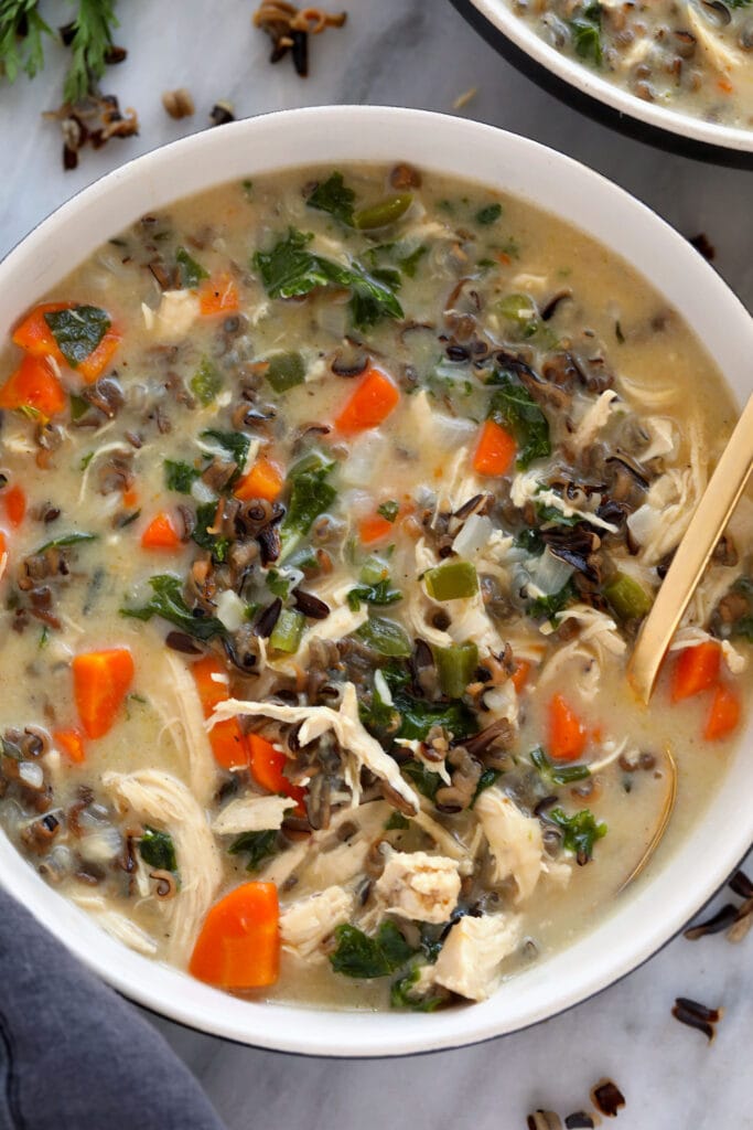 Chicken wild rice soup in a bowl ready to be enjoyed.