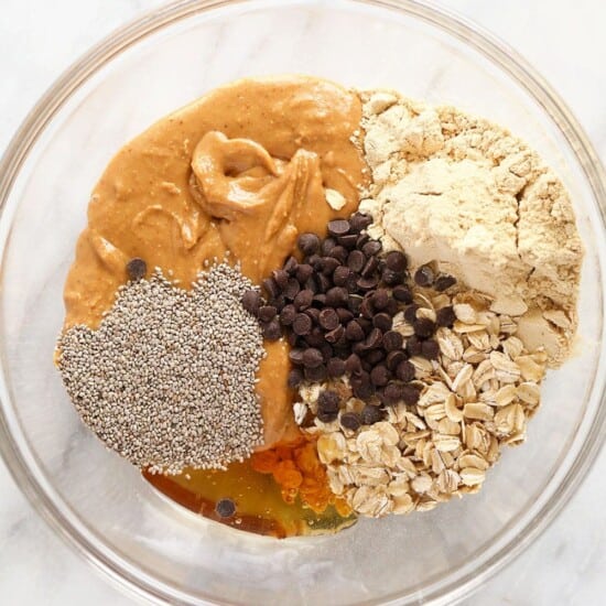 A bowl of ingredients for peanut butter protein balls.