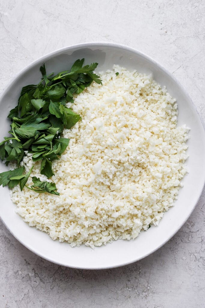 Cauliflower rice in a bowl. 