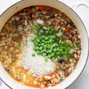 mushroom and pea soup in a pan.