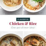 four photos of chicken and rice in a pan.