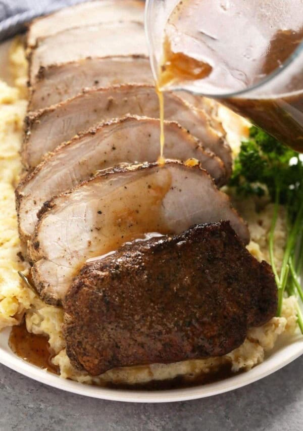 sliced pork loin with gravy