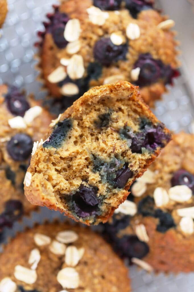 blueberry oatmeal muffin cut in half looking fluffy and delicious and packed with flavorful blueberries