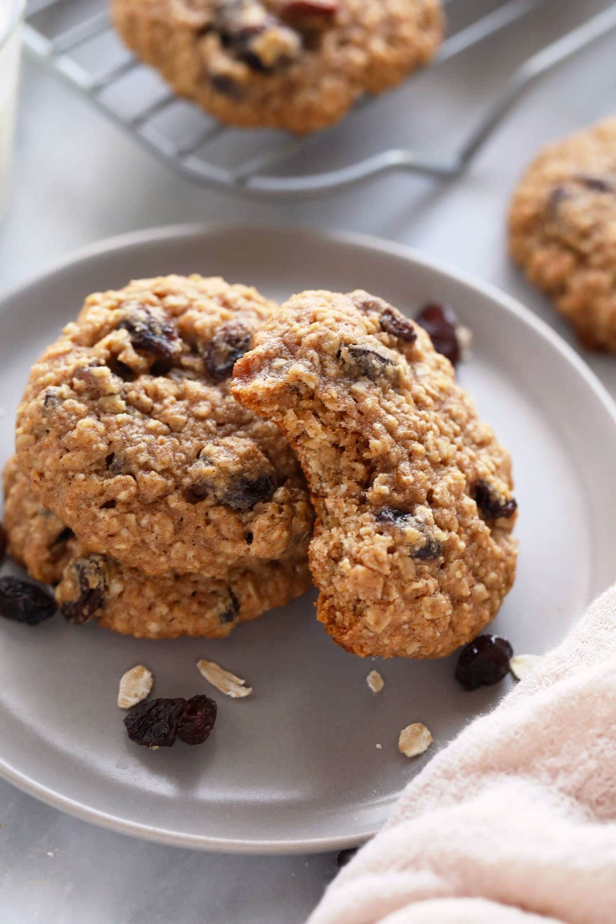 Oatmeal raisin cookies on a plate. 