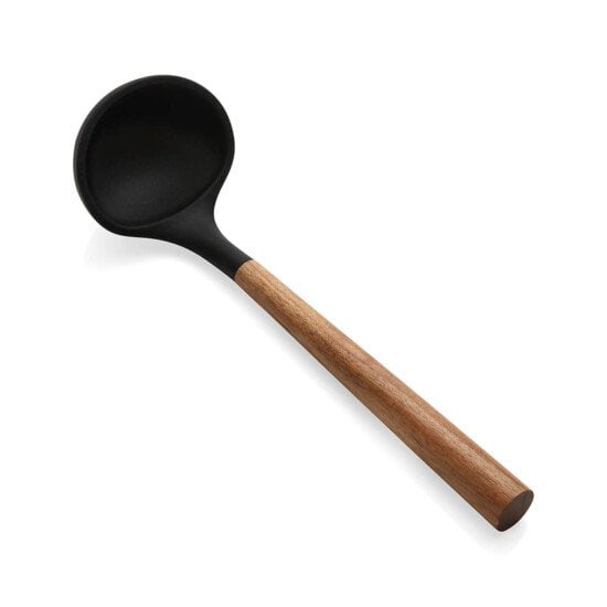 a black spoon with wooden handle on a white background.