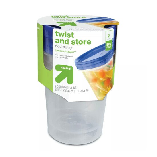 a plastic container with a twist and store lid.