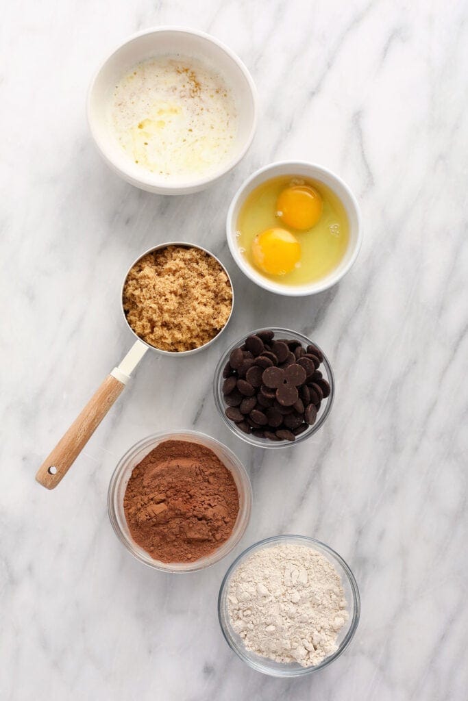 butter, eggs, brown sugar, chocoalte chips, cocoa powder, and flour