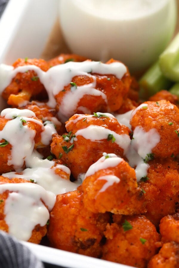 air fryer buffalo cauliflower in container