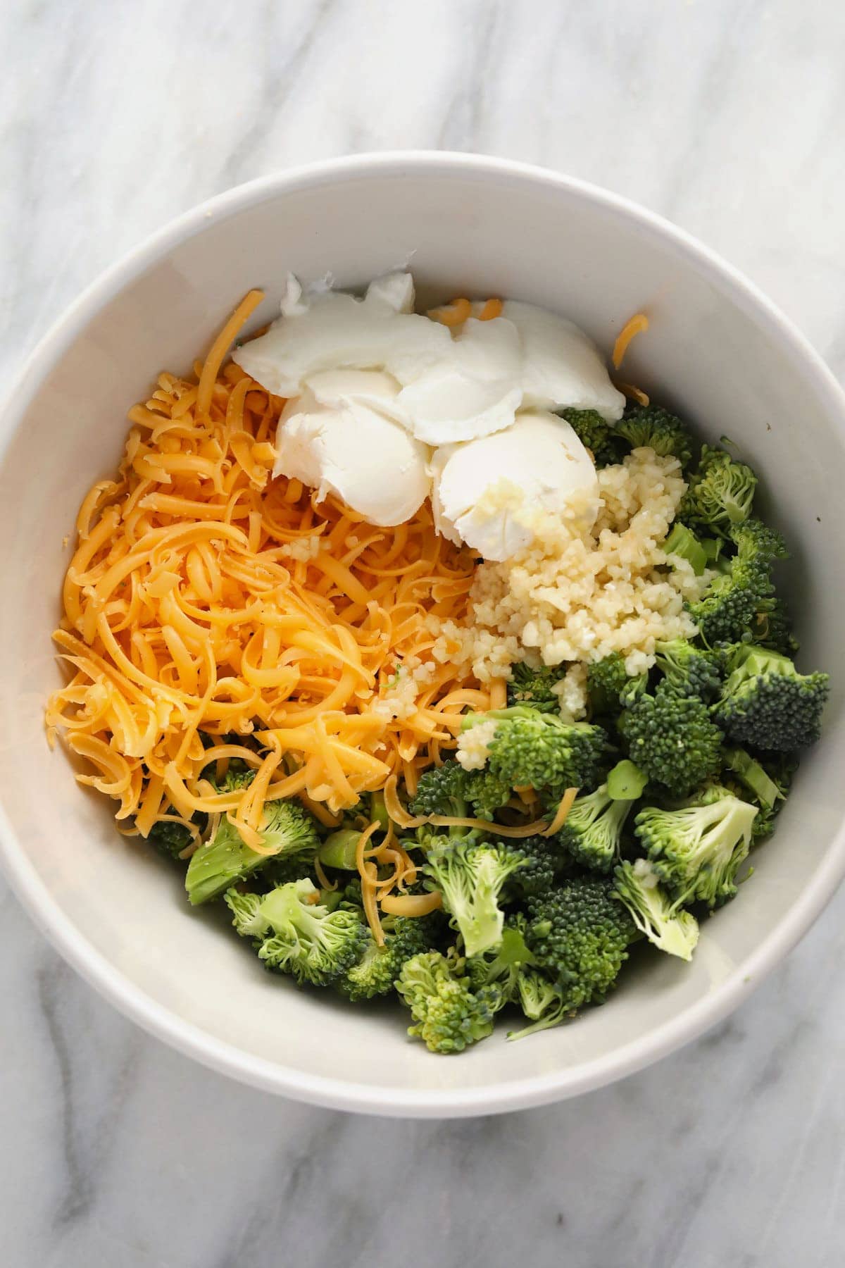 broccoli and cheese filling in a bowl.