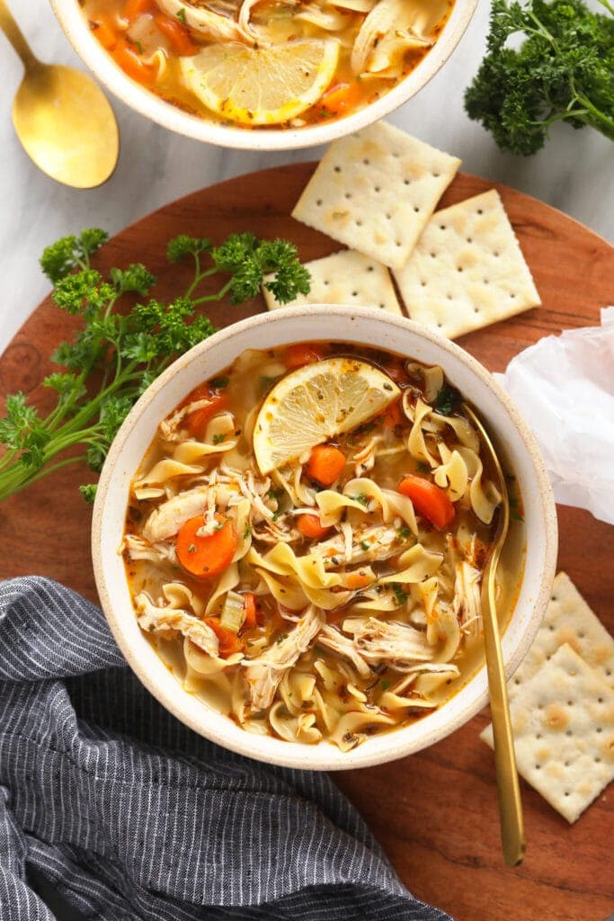 Chicken noodle soup in a bowl ready to eat. 